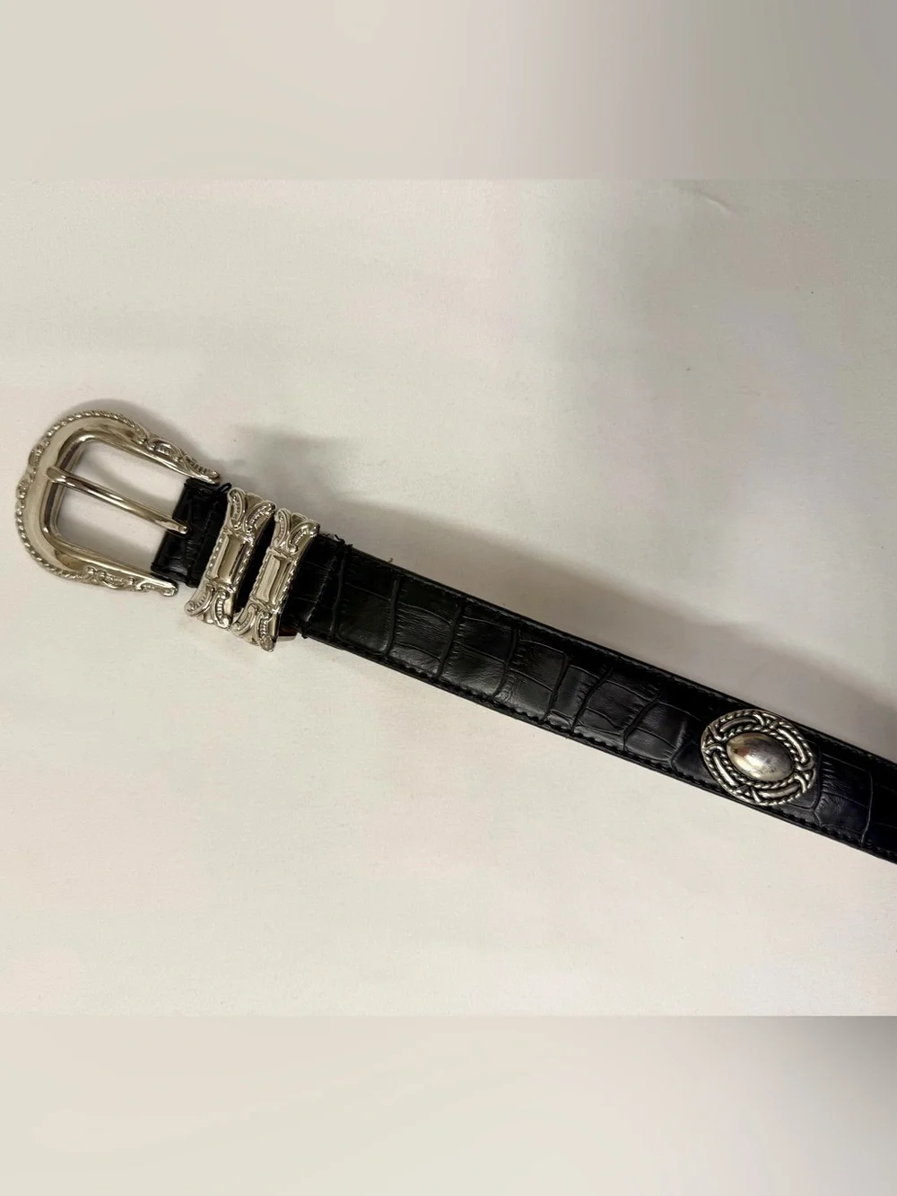 Black Croc Embossed Western Belt with Silver Conchos & Ornate Buckle